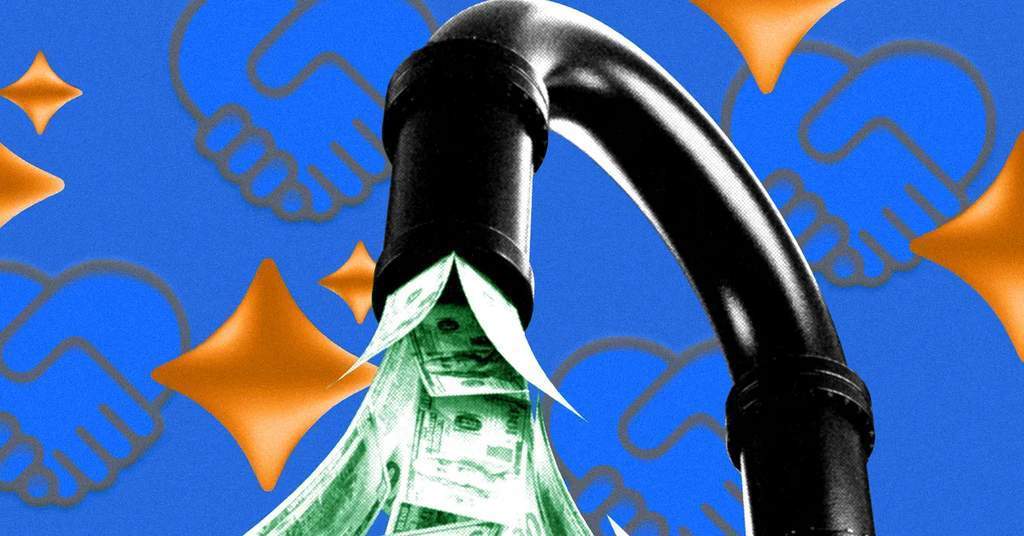 Ilustrasi gelembung uang dan logo AI melambangkan ledakan kekayaan dari IPO perusahaan kecerdasan buatan