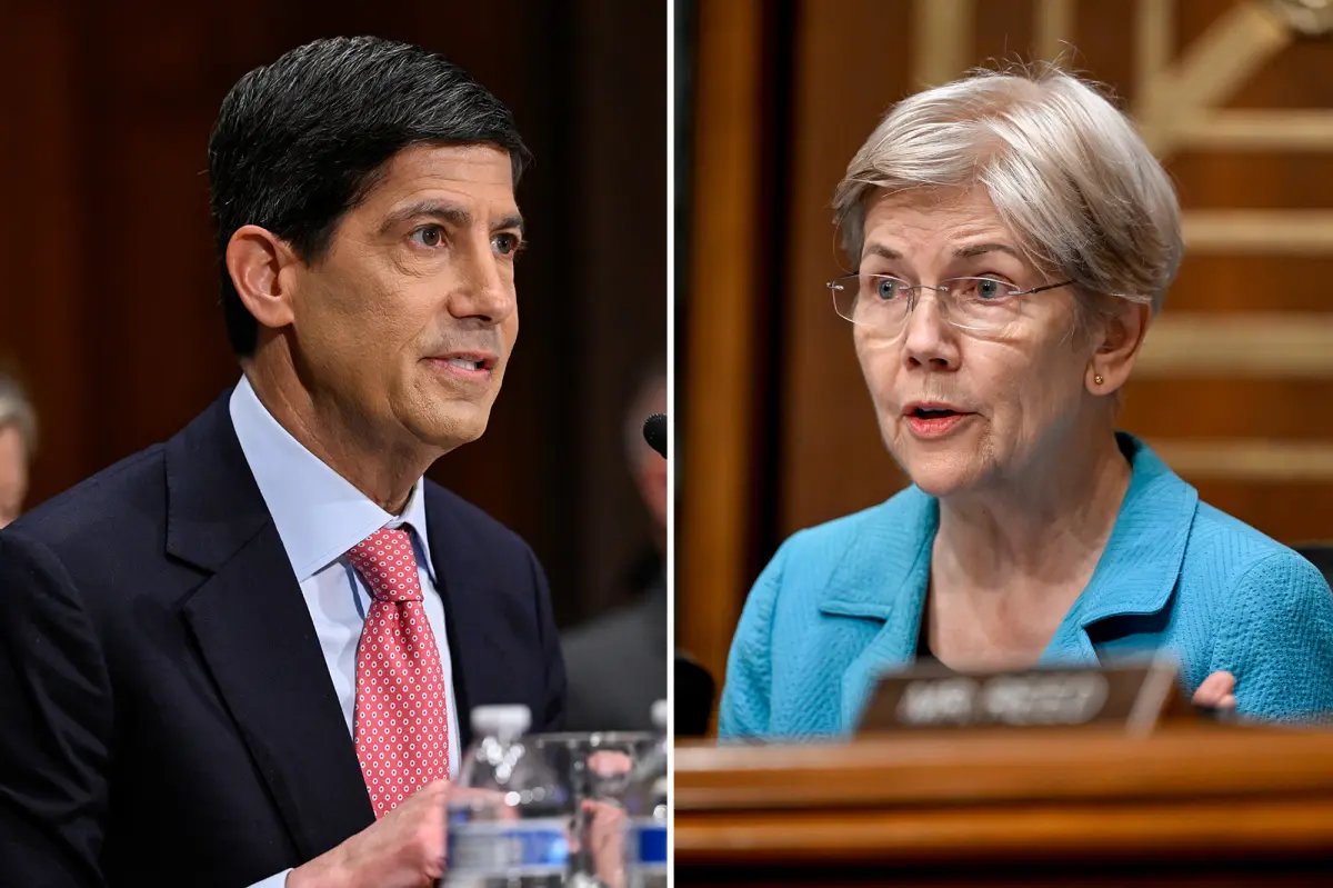 Senator Elizabeth Warren berhadapan dengan Ketua Fed Kevin Warsh dalam rapat senat komite perbankan
