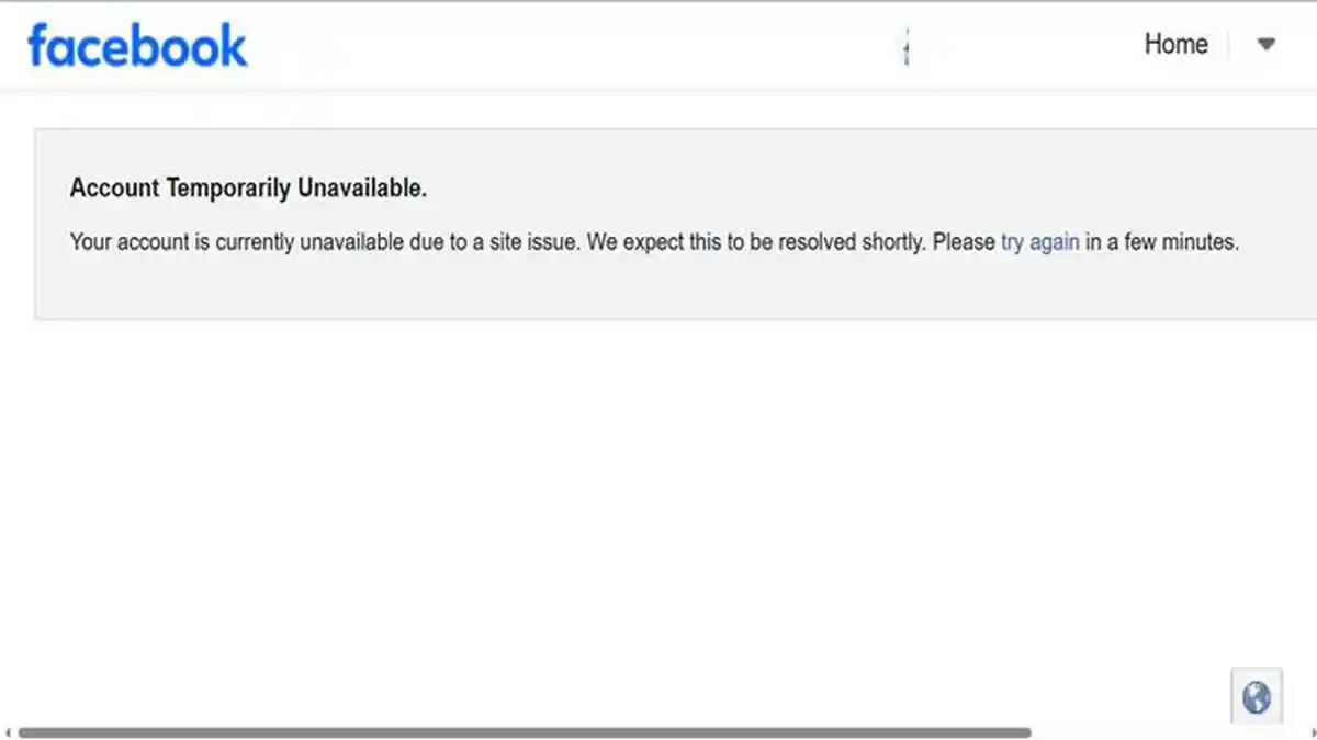 Tampilan layar eror Facebook web down global dengan notifikasi Account Temporarily Unavailable