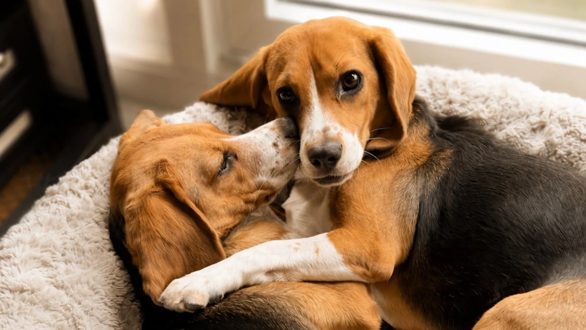 Ilustrasi anjing beagle hasil modifikasi genetik bebas alergi menggunakan teknologi CRISPR