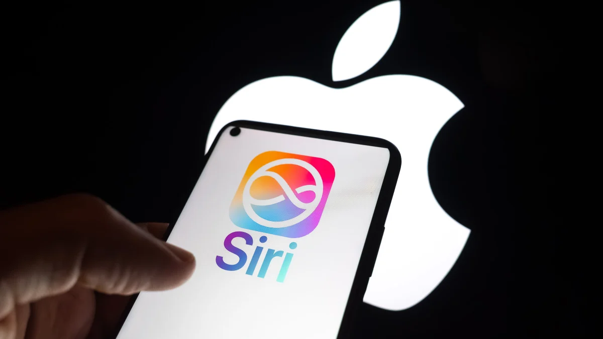 Ilustrasi logo Apple dan perangkat pintar yang terhubung dengan teknologi AI