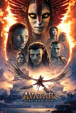 Ilustrasi poster film Avatar Fire and Ash dengan latar belakang visual dunia Pandora