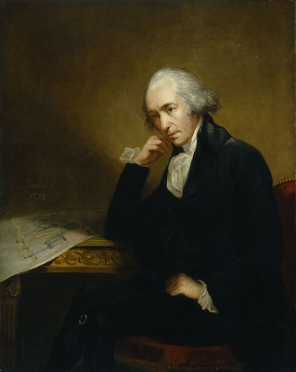 Ilustrasi patung dan sketsa mesin uap James Watt sebagai pelopor Revolusi Industri