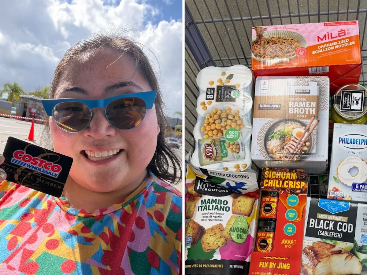 Tumpukan bahan makanan dan produk pilihan di keranjang belanja Costco