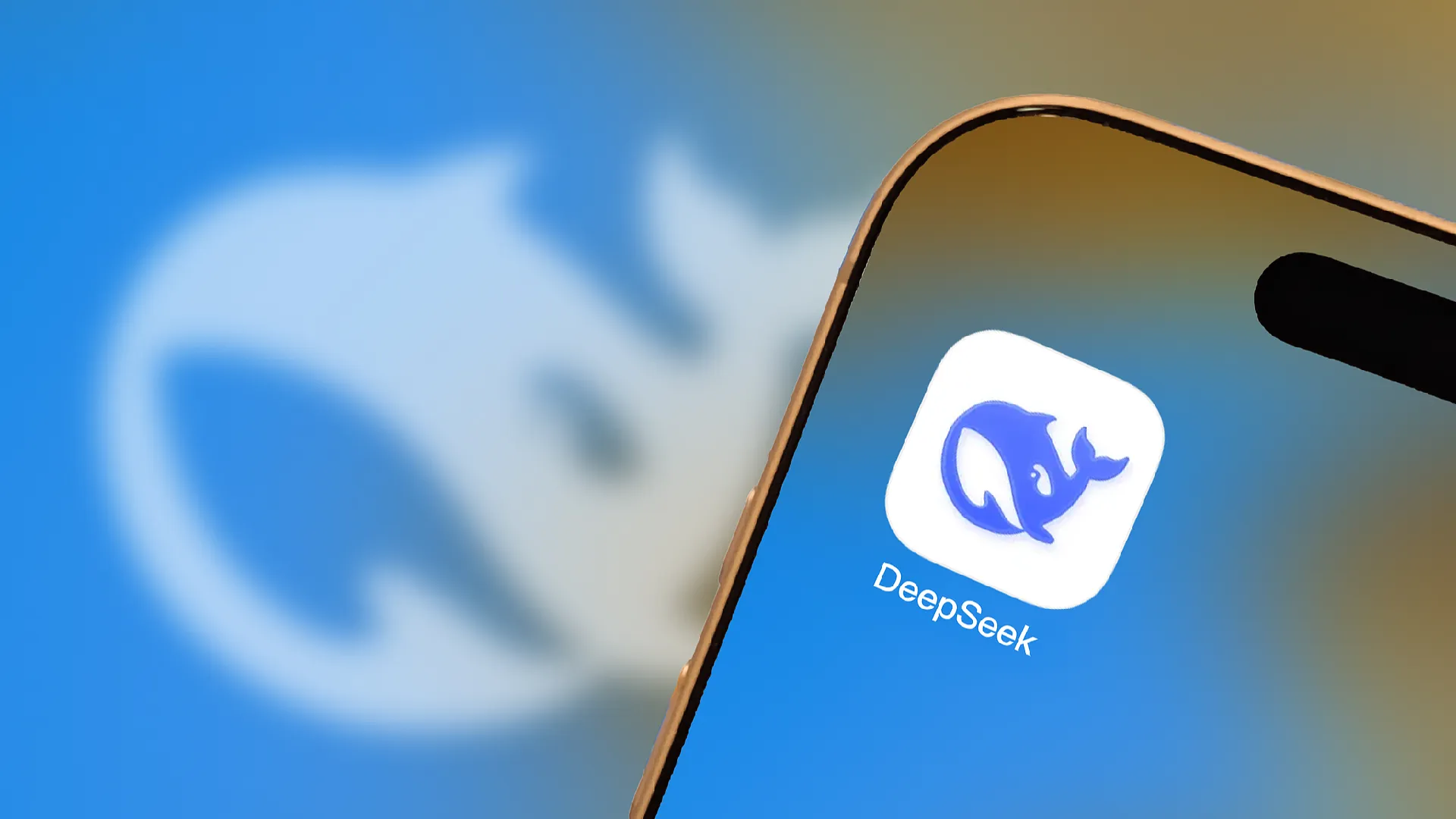 Logo DeepSeek pada perangkat lunak dengan latar belakang teknologi AI