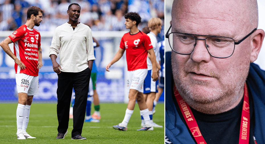 Pelatih Degerfors IF Henok Goitom mendampingi tim dalam pertandingan Allsvenskan