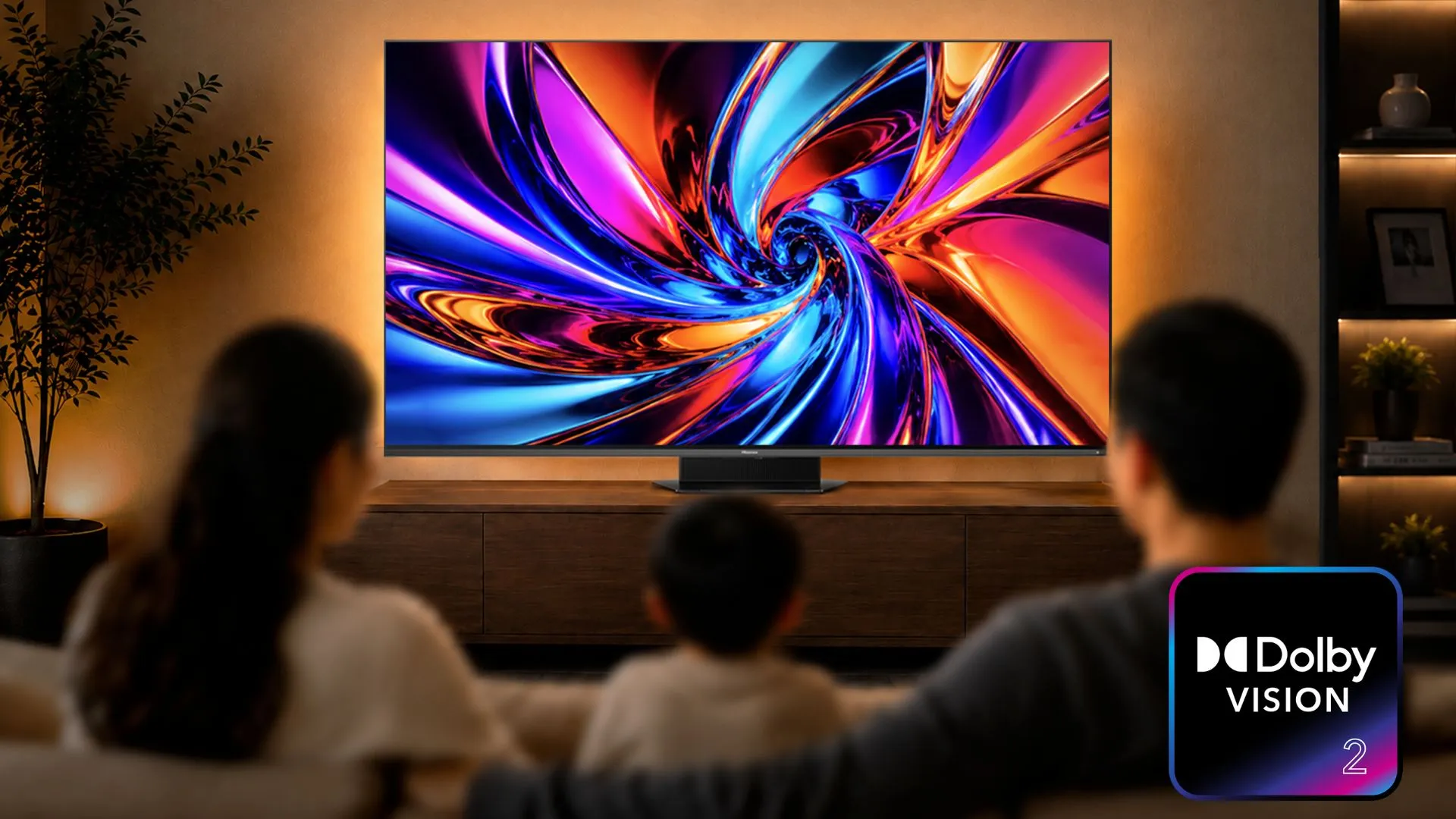 Tampilan layar televisi Hisense 2026 yang mendukung teknologi Dolby Vision 2 terbaru