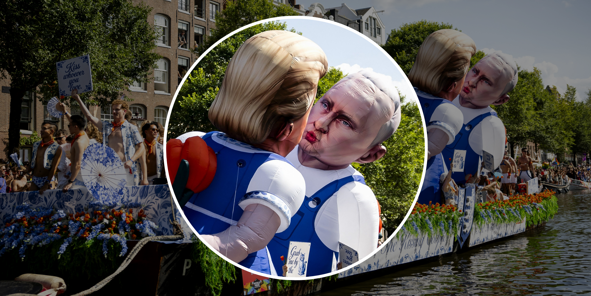 Donald Trump dan Vladimir Putin dalam instalasi The Kissing Couple di WorldPride 2026 Amsterdam