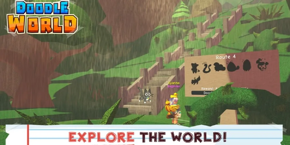 Tampilan karakter dan makhluk peliharaan dalam game Roblox Doodle World