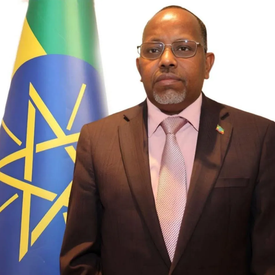 Bendera dan peta Ethiopia dalam latar belakang Ethiopian National Dialogue