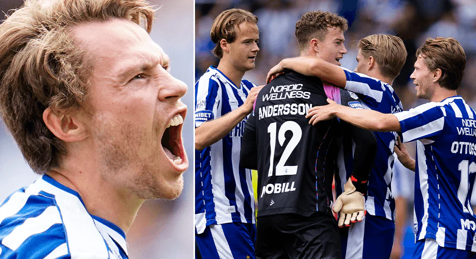 Gelandang IFK Goteborg Filip Ottosson merayakan gol ke gawang Degerfors
