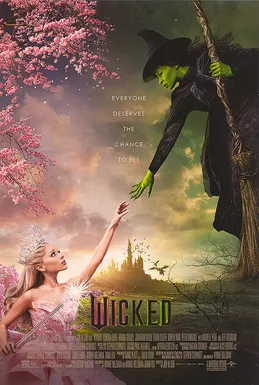 Poster dan adegan film Wicked yang menampilkan Cynthia Erivo dan Ariana Grande