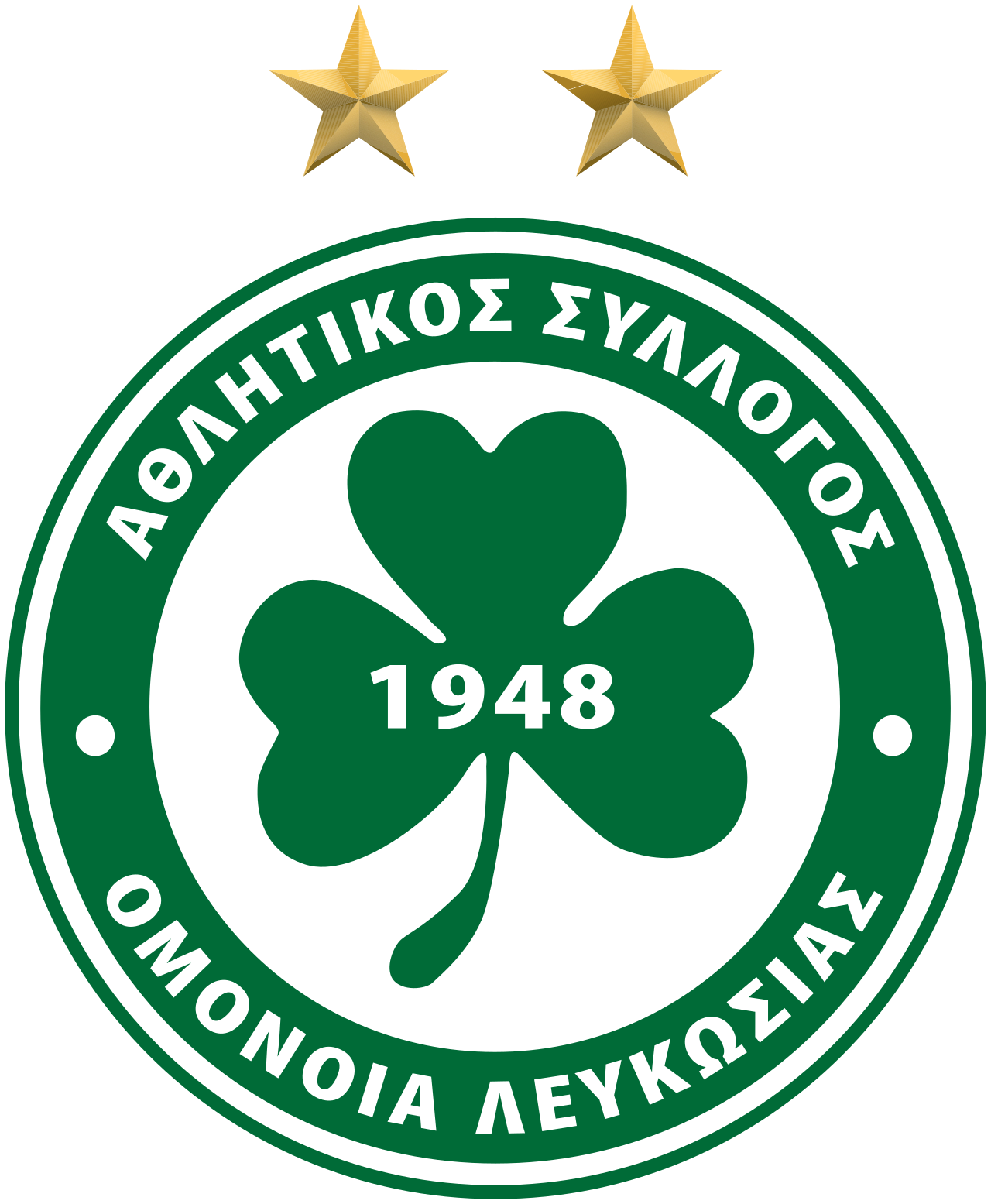 Logo resmi AC Omonia dengan warna hijau dan putih serta ikon shamrock