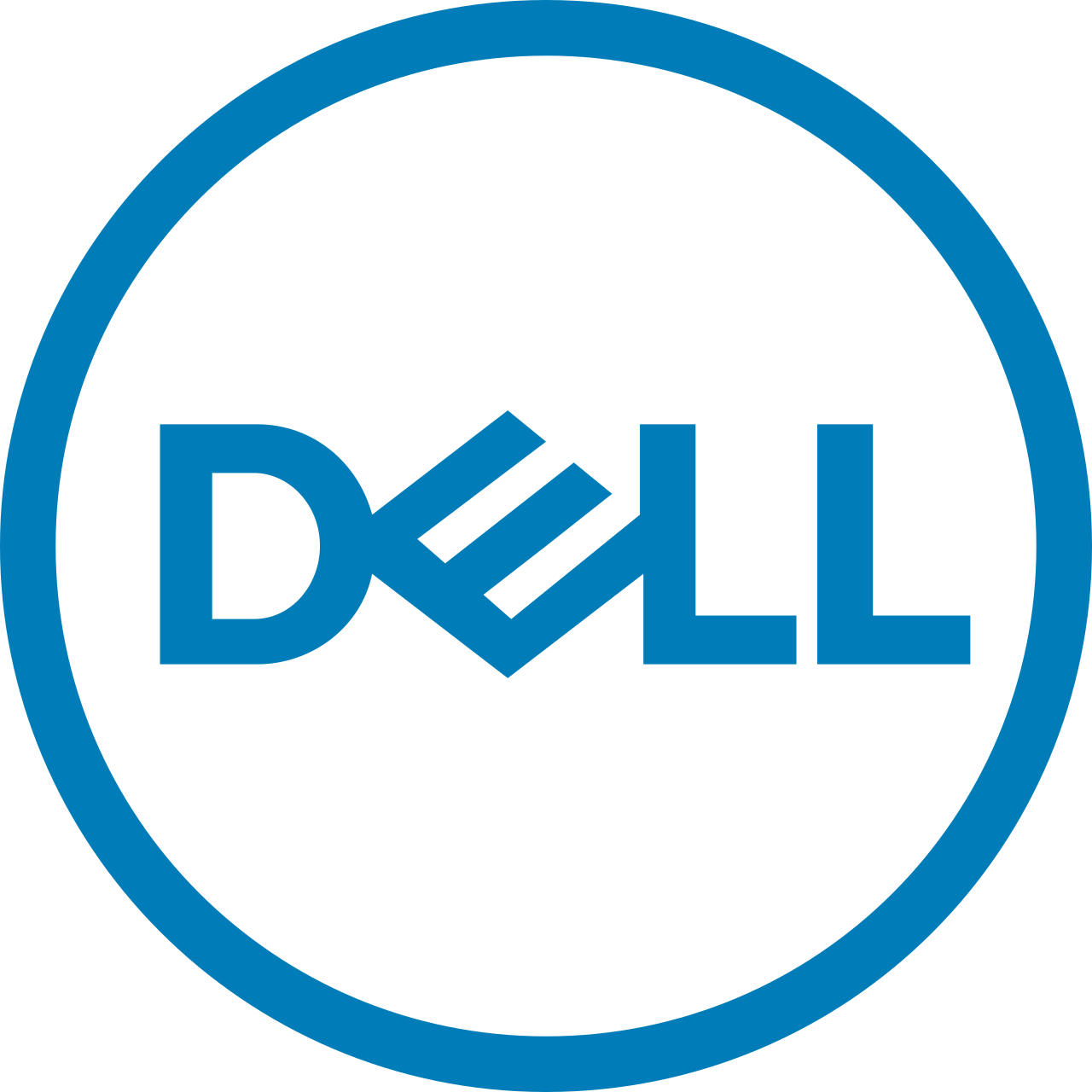 Logo dan perangkat keras komputer buatan Dell Inc. di ruang kerja
