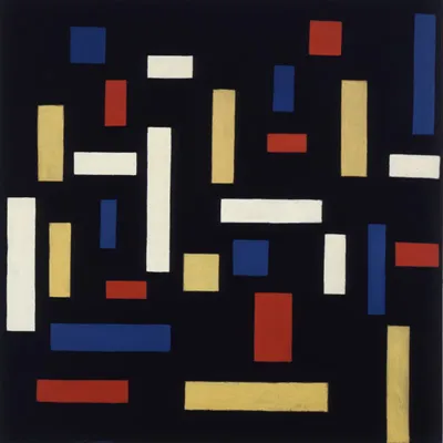 Komposisi karya seni abstrak bergaya De Stijl dengan garis vertikal horizontal dan warna primer