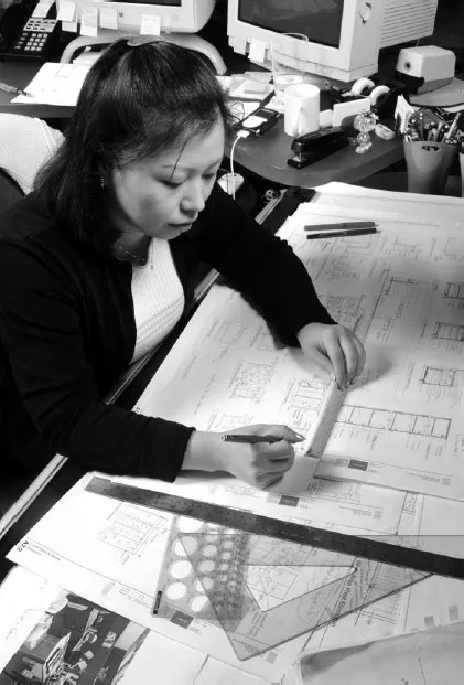 Ilustrasi seorang drafter profesional yang sedang bekerja menggunakan perangkat lunak komputer CAD di kantor