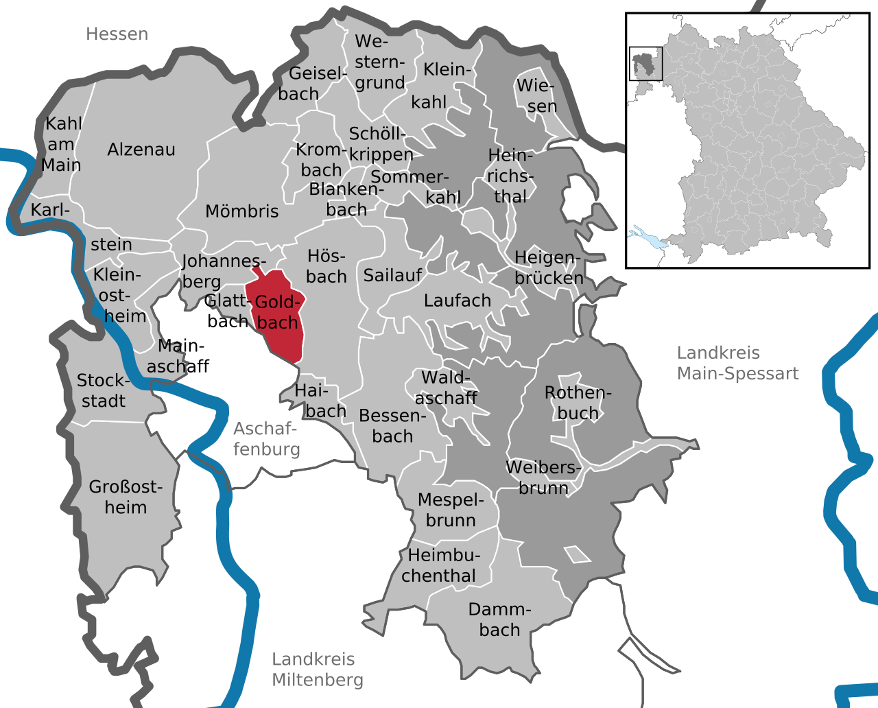 Pemandangan atau peta wilayah Goldbach di distrik Aschaffenburg, negara bagian Bayern, Jerman