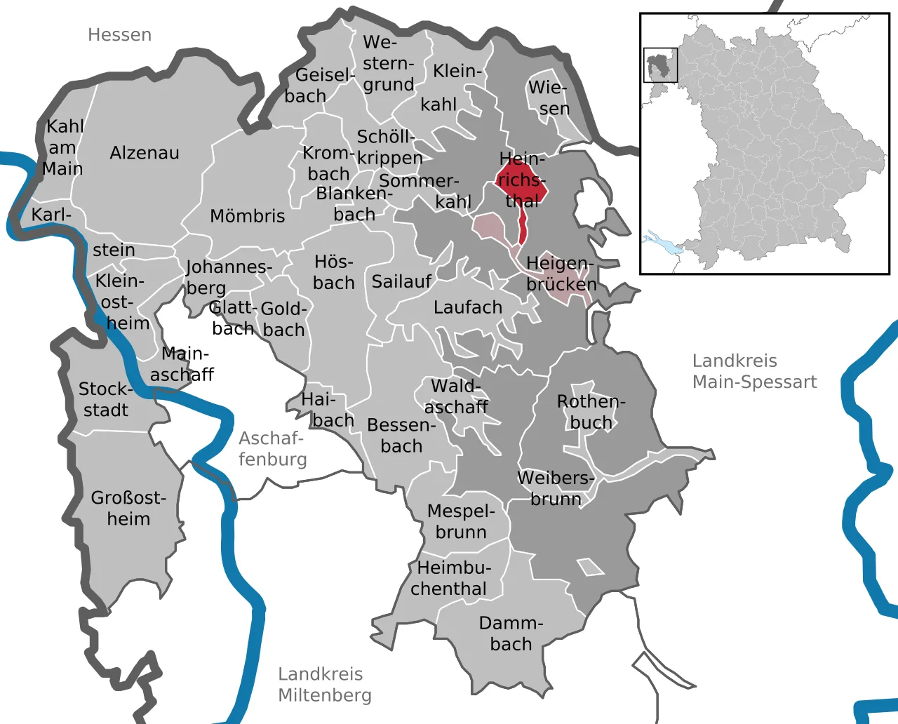 Pemandangan atau peta wilayah Heinrichsthal di distrik Aschaffenburg, negara bagian Bayern, Jerman
