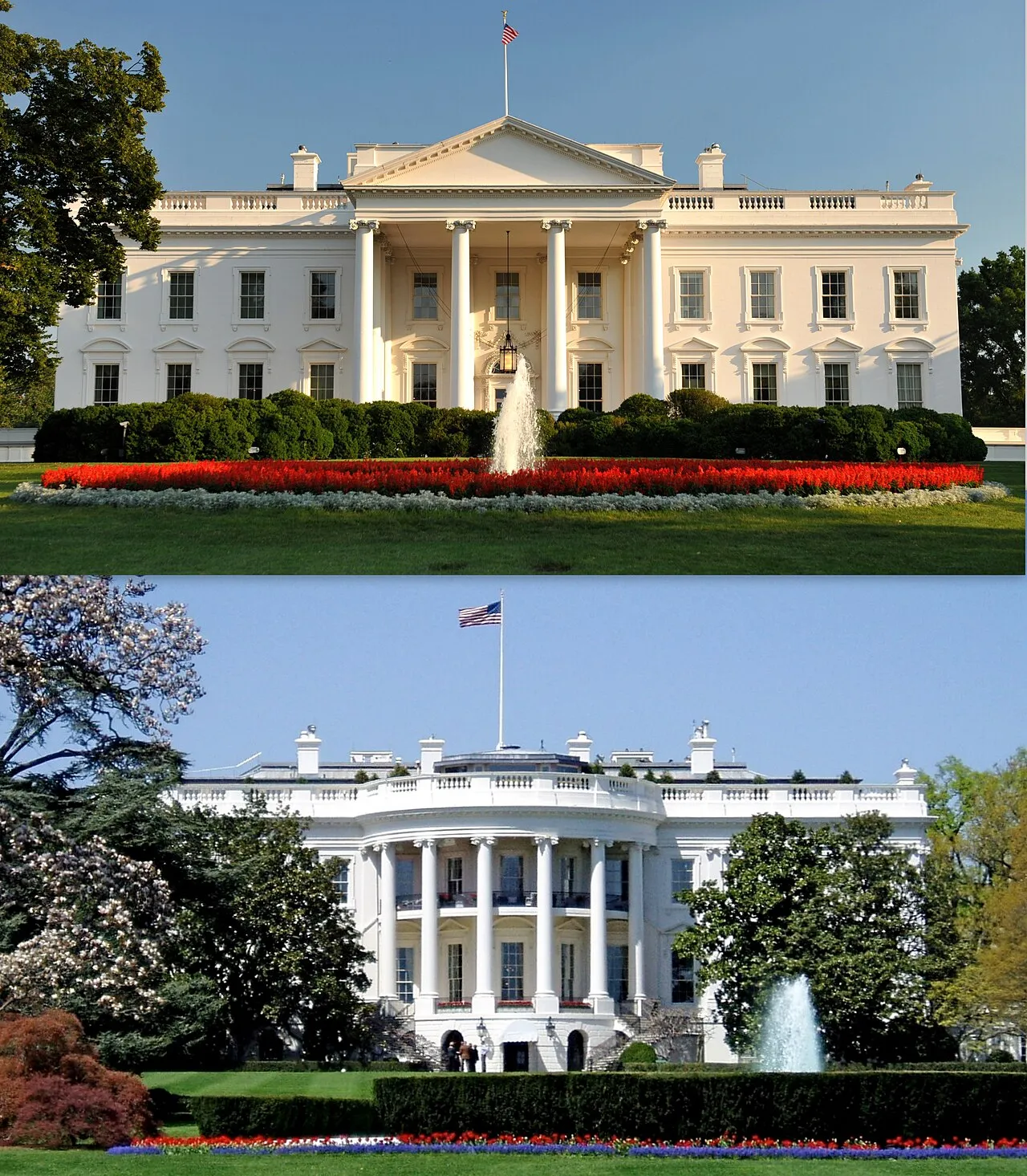Tampak depan Gedung Putih sebagai kediaman resmi Presiden Amerika Serikat