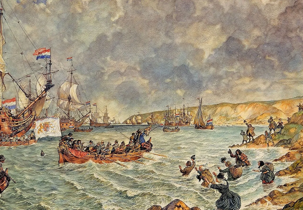 Ilustrasi sejarah Glorious Revolution dan penggulingan Raja James II