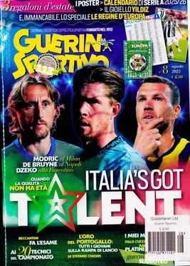 Sampul majalah Guerin Sportivo dengan ilustrasi ksatria abad pertengahan membawa lembing