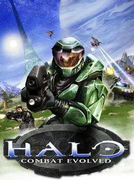 Sampul resmi permainan Halo: Combat Evolved yang menampilkan tokoh utama Master Chief