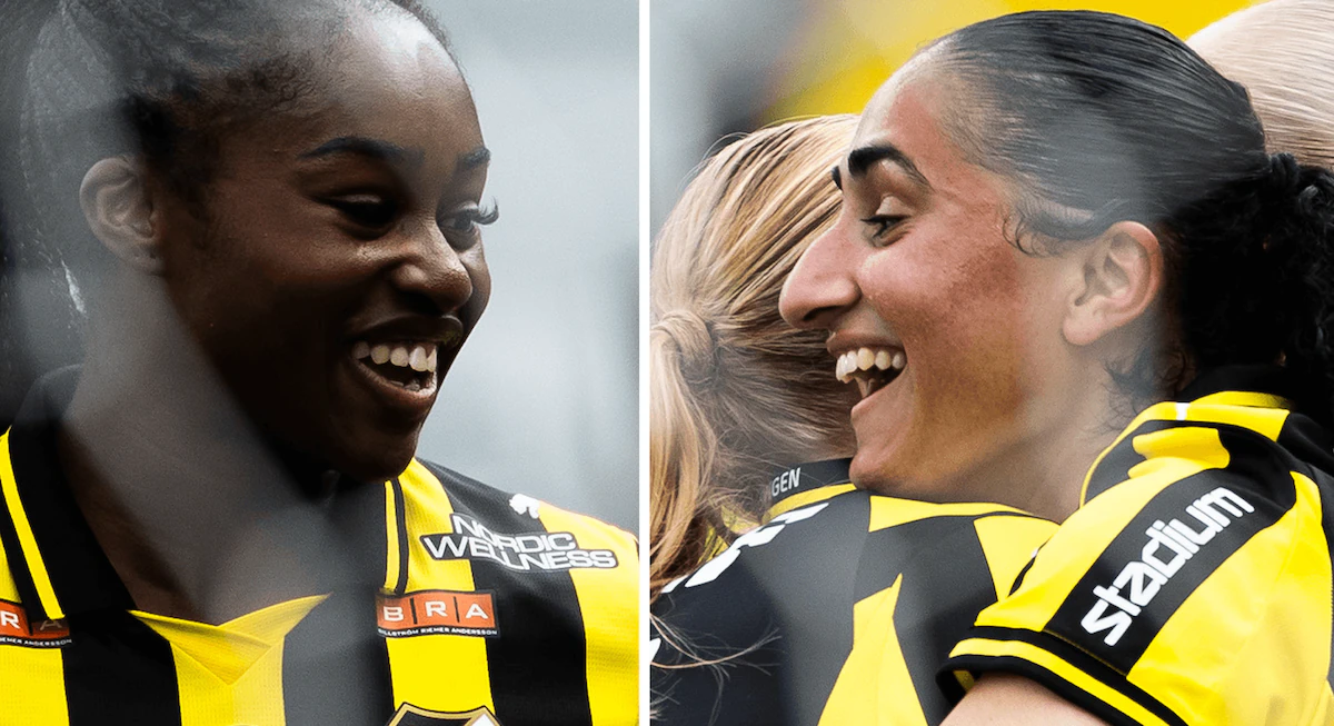 Pemain BK Häcken merayakan kemenangan telak atas Eskilstuna United di Damallsvenskan