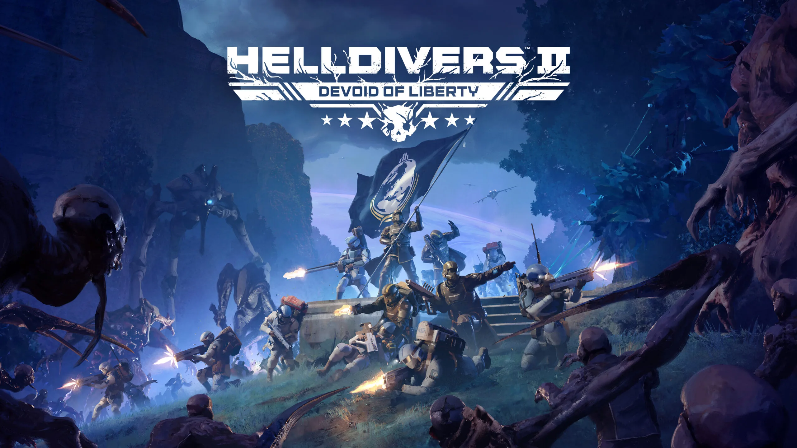 Tangkapan layar game Helldivers 2 menampilkan aksi pertempuran dalam update Devoid of Liberty