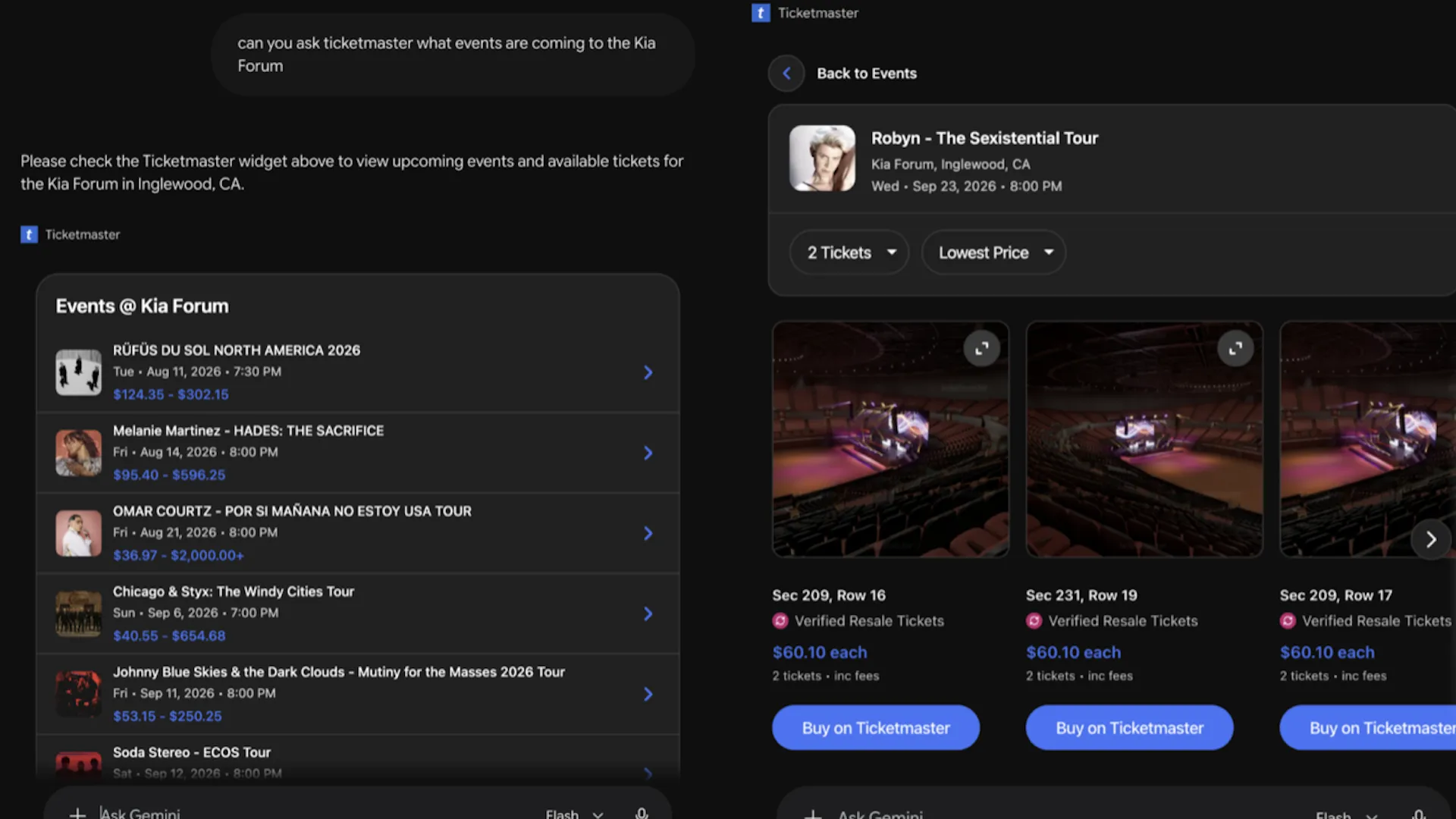 Ilustrasi integrasi Ticketmaster dan Gemini untuk pencarian tiket acara langsung