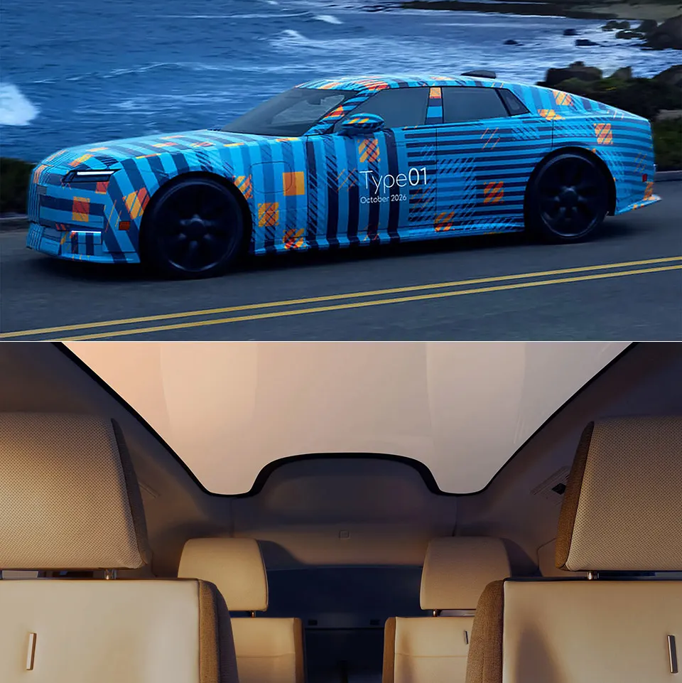 Interior Jaguar Type 01 dengan tulang punggung kuningan di tengah kabin