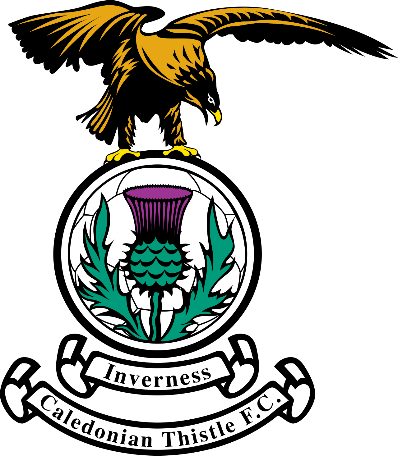 Lambang dan suasana Caledonian Stadium markas Inverness Caledonian Thistle F.C.