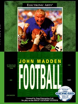 Sampul kotak permainan John Madden Football untuk konsol Sega Genesis versi Amerika Utara