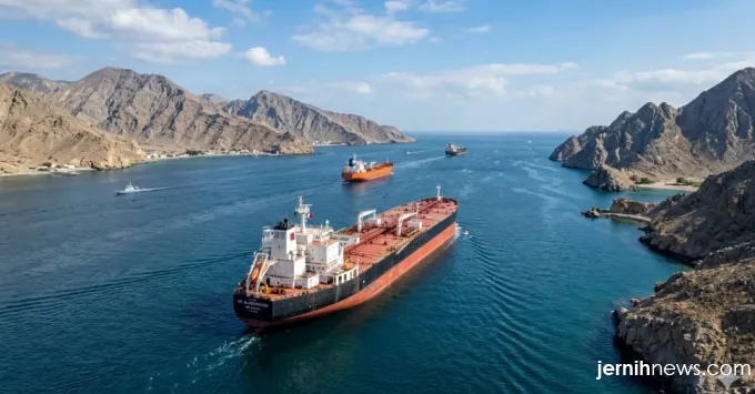 Ilustrasi kapal tanker minyak yang melintasi kawasan perairan Selat Hormuz
