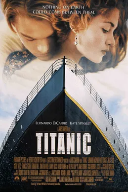Poster atau adegan ikonik film Titanic karya sutradara James Cameron