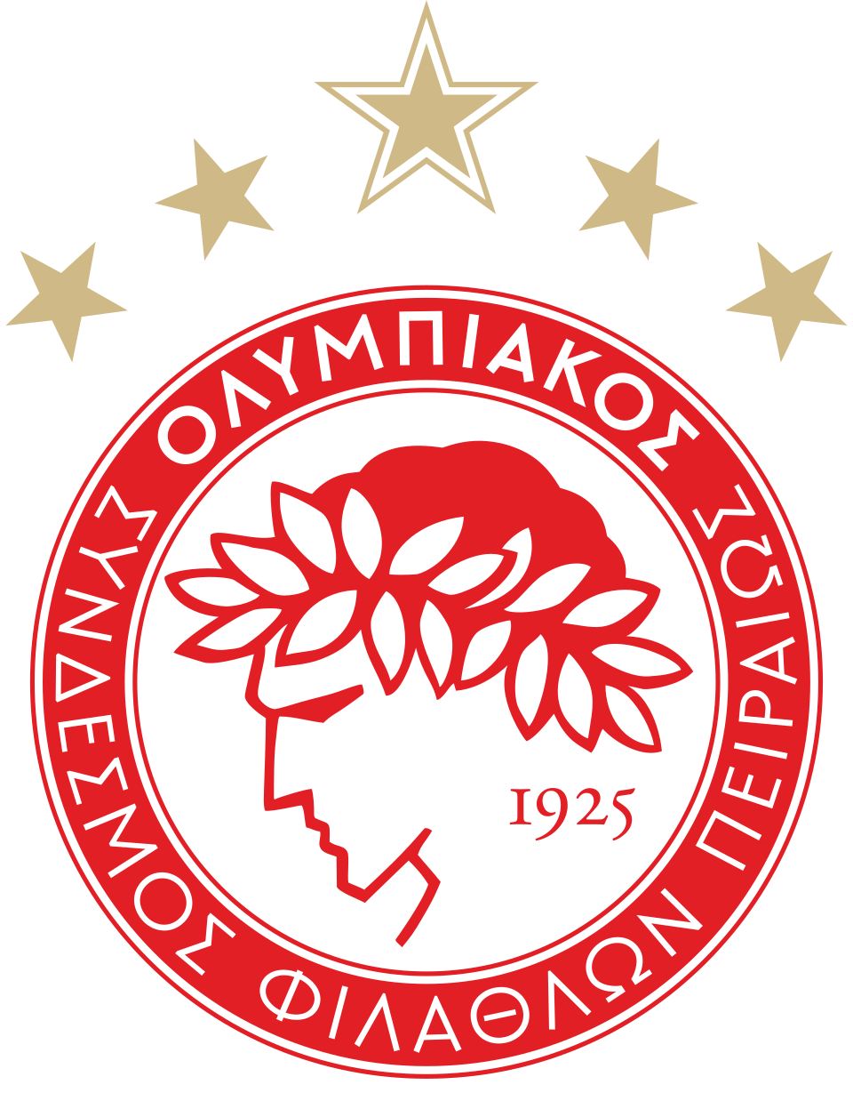 Skuad Olympiacos merayakan kemenangan di stadion dengan atribut warna merah dan putih