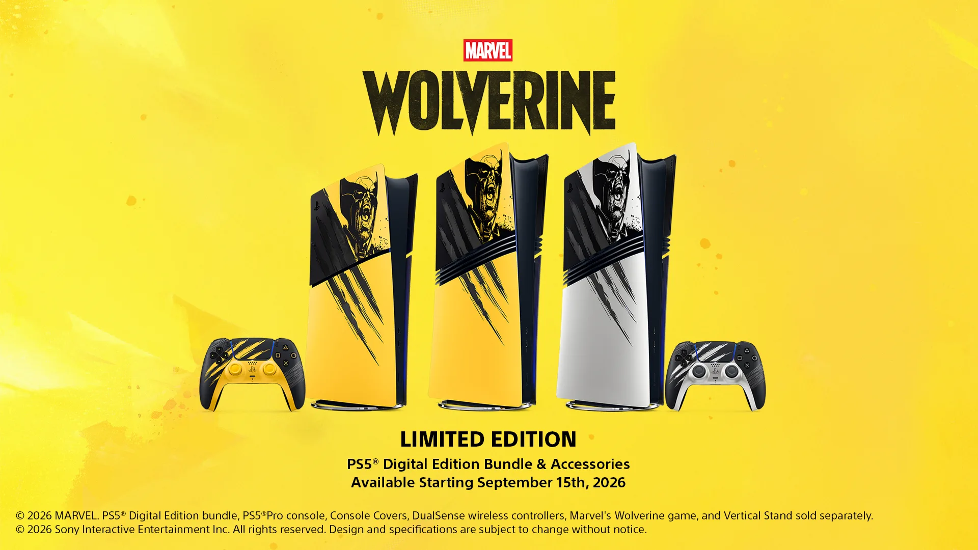 Konsol PS5 Digital Edition Marvel's Wolverine Limited Edition dengan balutan warna kuning dan cakar