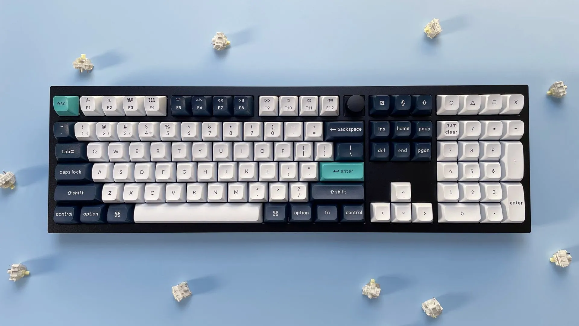 Ilustrasi mechanical keyboard gaming dengan lampu RGB dan switch hot-swappable