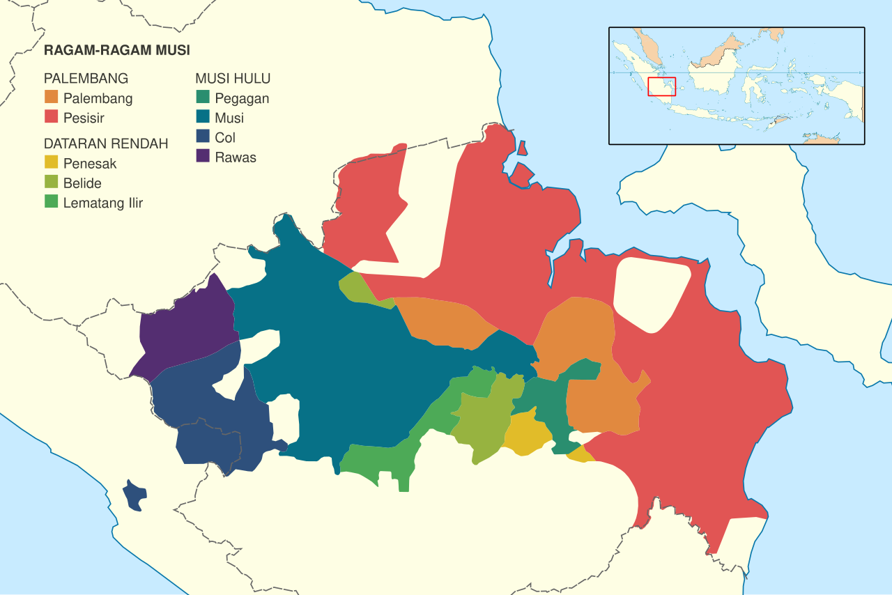 Peta wilayah aliran Sungai Musi tempat persebaran penutur bahasa Musi di Sumatera Selatan