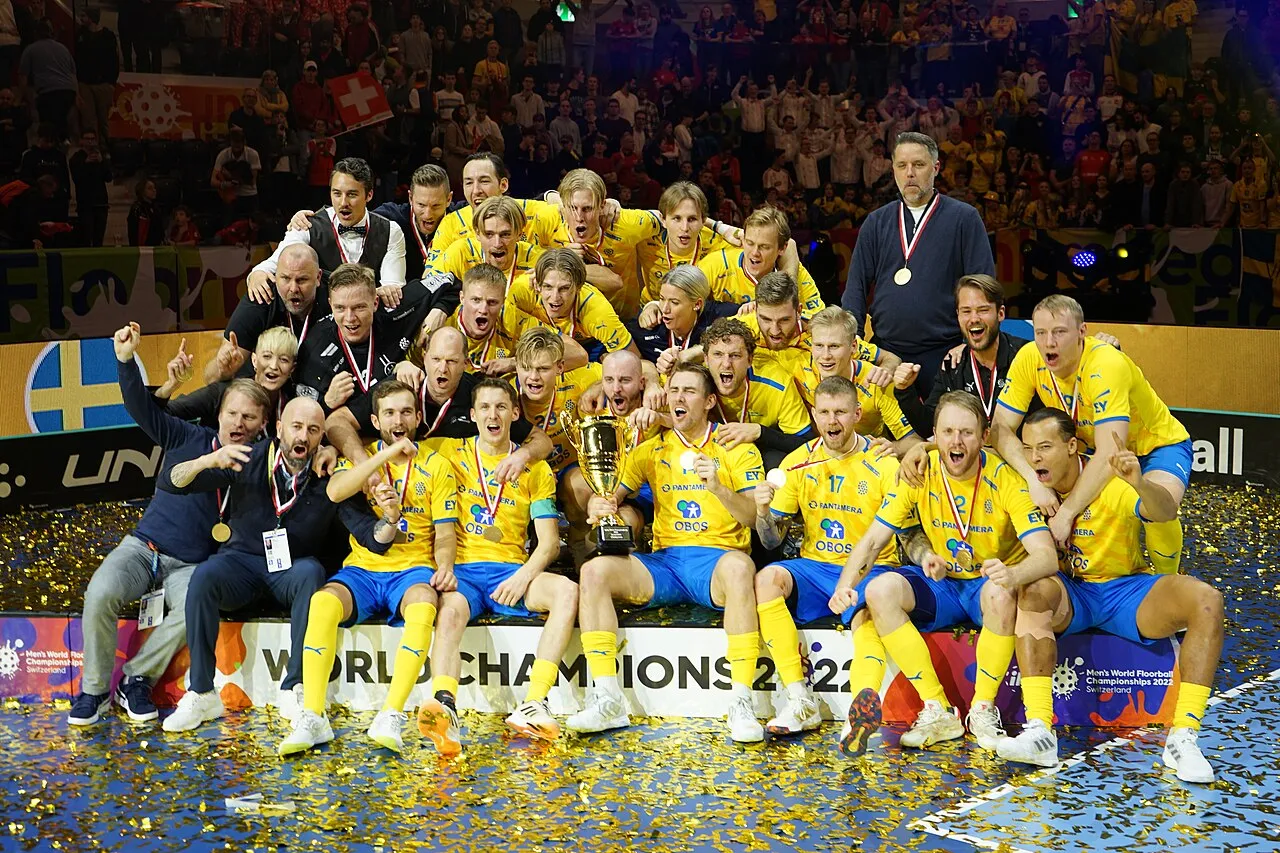 Pertandingan Kejuaraan Dunia Floorball antara Swedia dan Finlandia di final