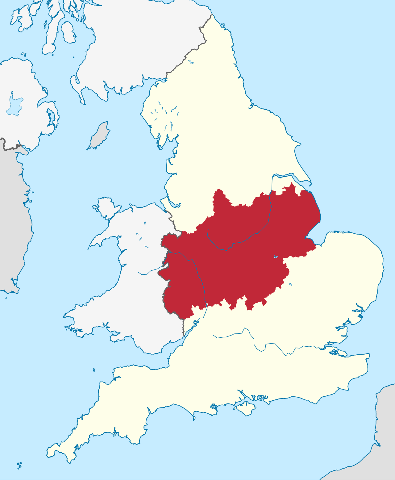 Peta wilayah Midlands Inggris yang menunjukkan letak geografis dan kota-kota utama