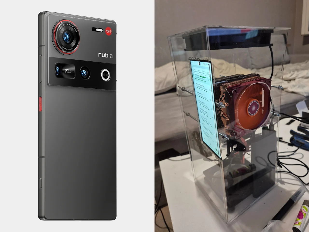 Ponsel Nubia Z70 Ultra yang dimodifikasi dengan pendingin CPU desktop untuk gaming performa tinggi