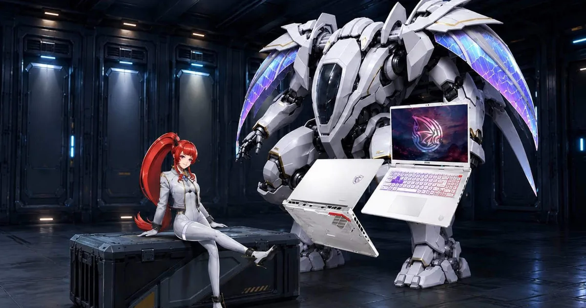 Laptop gaming MSI Crosshair A16 HX MLG Edition berwarna putih dengan aksesori