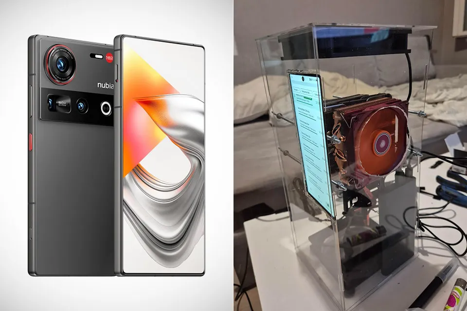 Modifikasi smartphone Nubia Z70 Ultra menjadi PC desktop dengan pendingin CPU