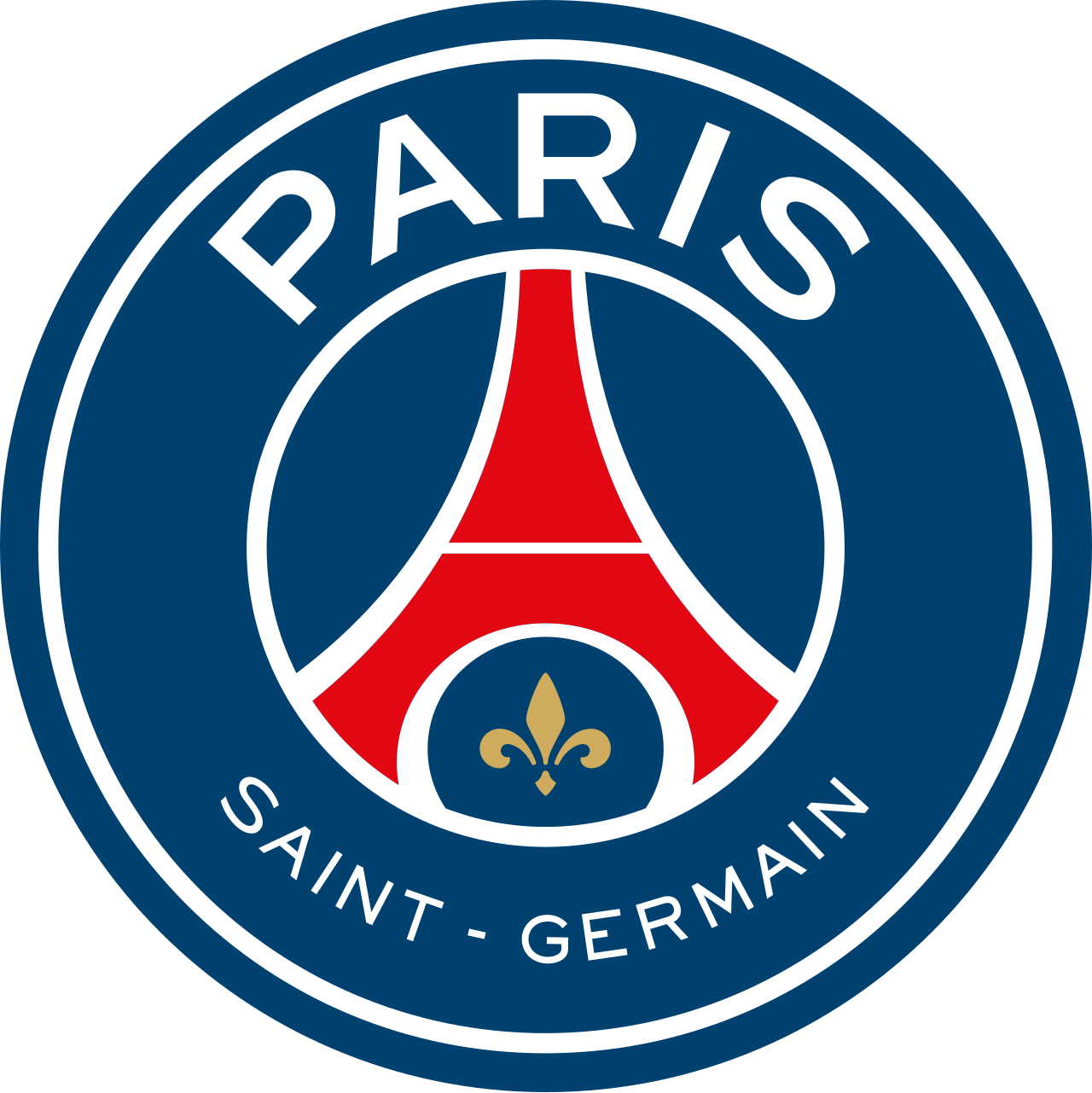 Logo resmi Paris Saint-Germain FC dengan latar belakang ikonik Menara Eiffel