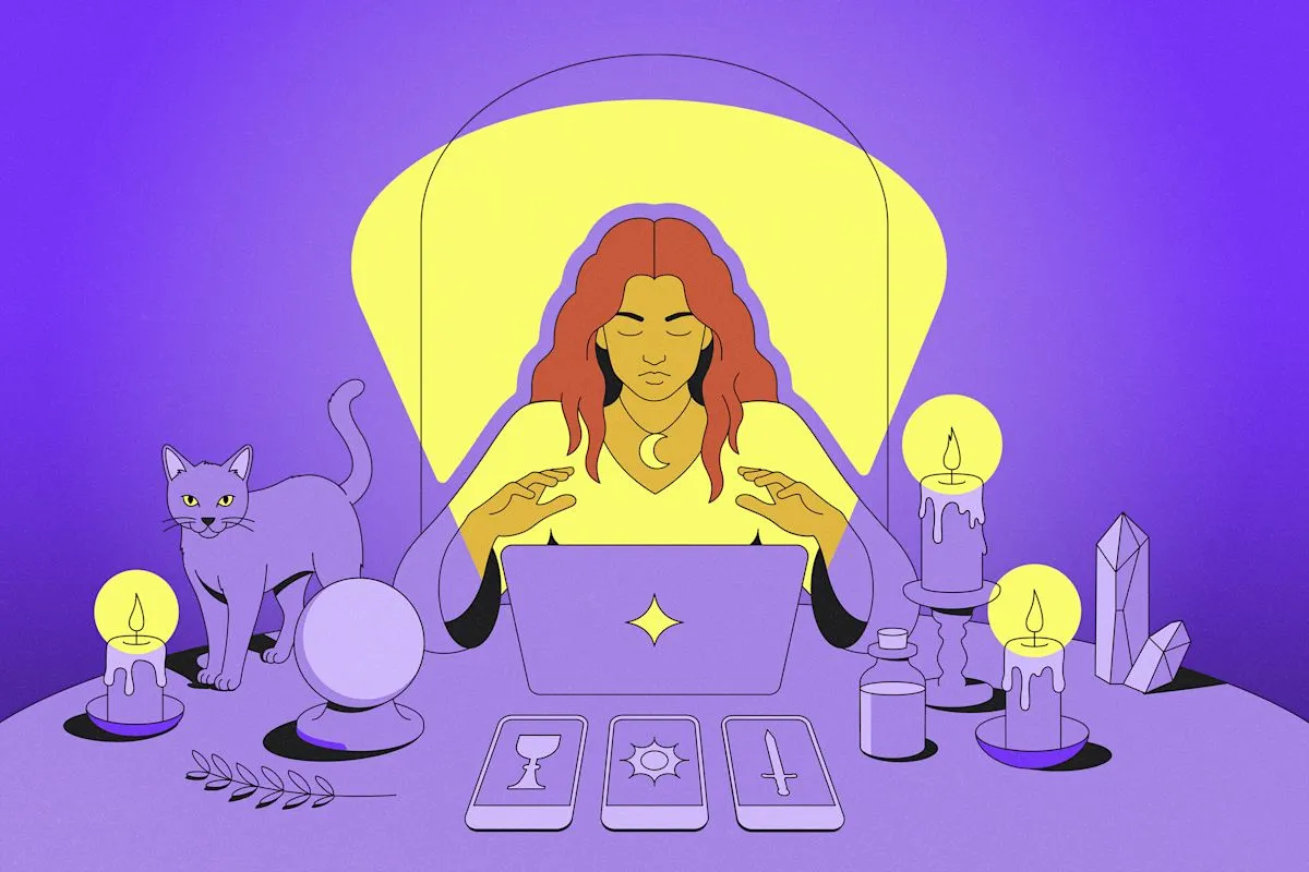 Ilustrasi layar ponsel menampilkan situs belanja Etsy dan layanan jasa dukun online
