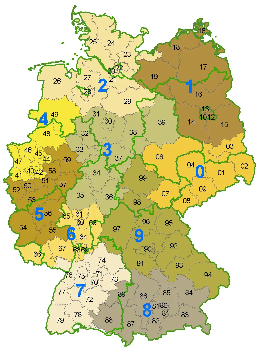 Sistem daftar kode pos di Jerman menggunakan lima digit untuk menandai area dan distrik pos