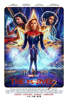 Ilustrasi profil film The Marvels dan aksi trio superhero Marvel