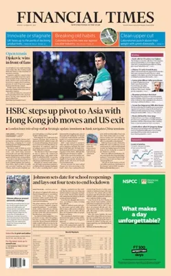 Tampilan edisi cetak Financial Times dengan ciri khas kertas berwarna merah muda