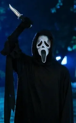 Ilustrasi topeng Ghostface ikonik dalam waralaba film horor Scream