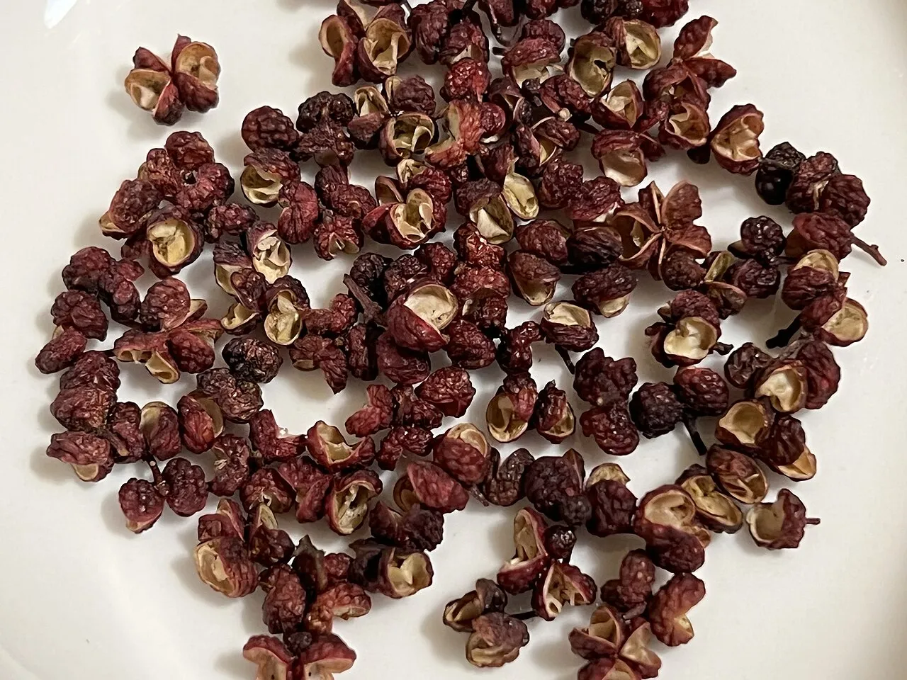 Biji merica Sichuan kering berwarna kemerahan yang sering digunakan dalam hidangan khas China